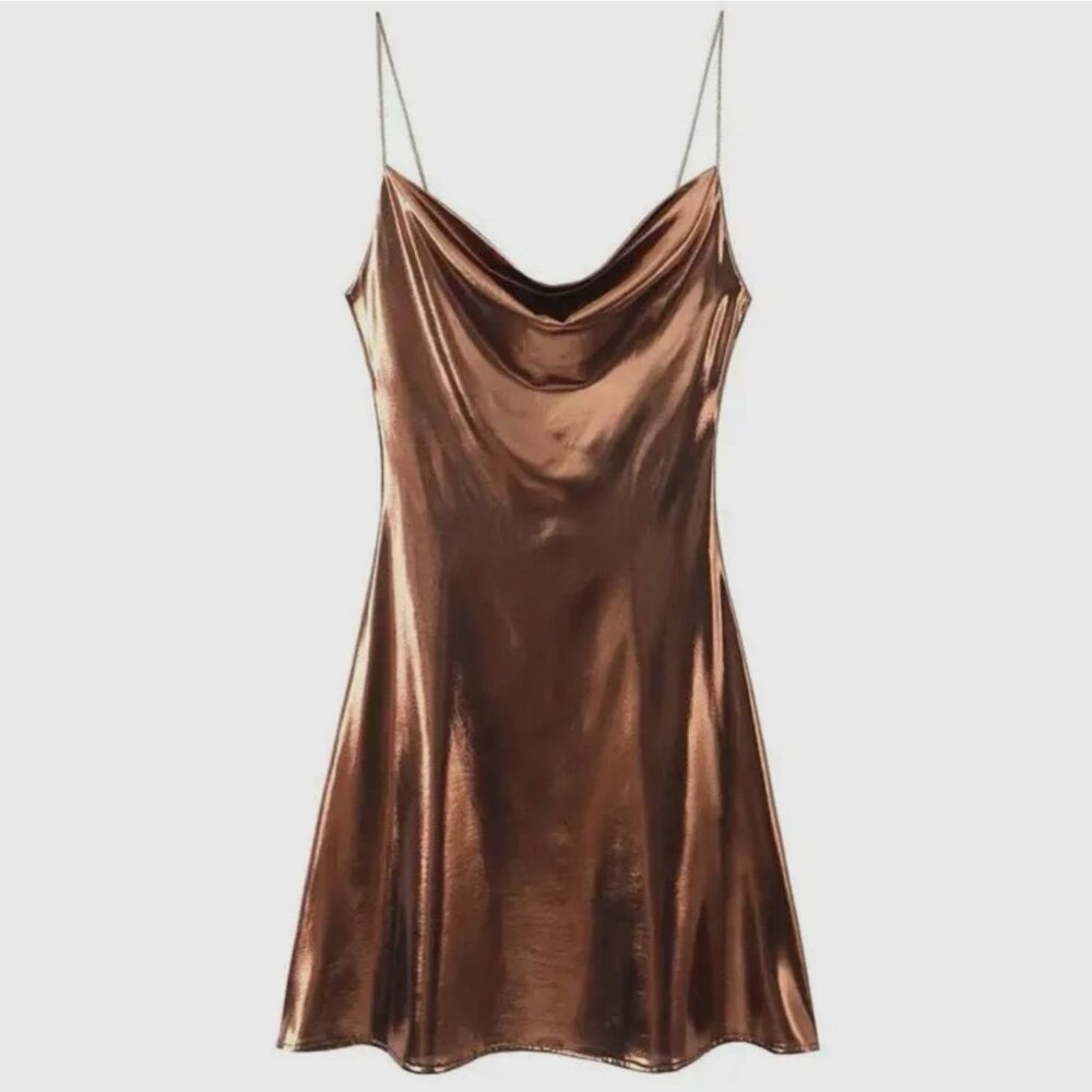 Women Metallic Satin Slip Mini Dress Size M Bronze Backless Low-Cut Strappy Sexy